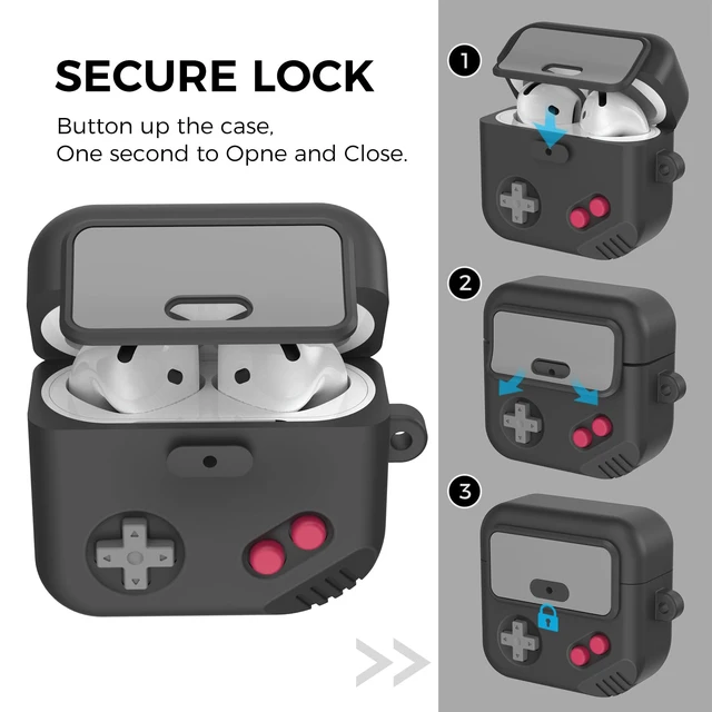 Alt view image 4 of 7 - AirPods 5 case & airpods 4 case, Retro Game Design with Lock Compatible with AirPods 5 (2026) & 4 (2024), Anti-Drop Silicone Case cover with Carabiner, Easy Open /Close, Black
