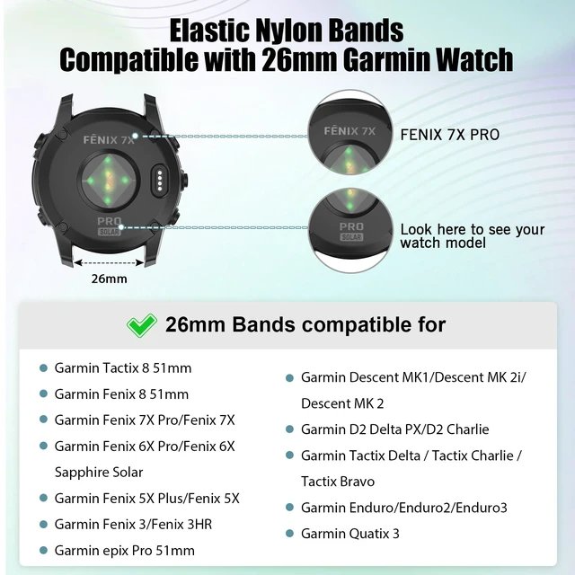 Alt view image 2 of 7 - 26mm Elastic Watch Bands Compatible for Garmin Fenix 8 51mm/Tactix 8 51mm/Enduro/2X/epix Pro 51mm, Quickfit Nylon Band for Fenix 7X/6X Pro/5X Plus/3/Tactix/Descent MK2i Smartwatches