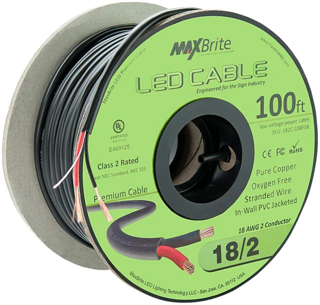 Main image of 100 ft. 18AWG Low Voltage LED Cable 2 Conductor Black Sleeve in-Wall Speaker Wire UL Listed Class 2