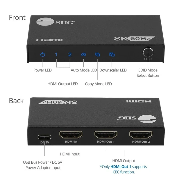 Alt view image 3 of 7 - 1x2 HDMI 2.1 Splitter, 8K60Hz, VRR, ALLM, EDID, CE-H27N11-S1 Send one HDMI 2.1 source to two 8K60Hz displays; VRR, ALLM and EDID support gaming and high-refresh AV systems