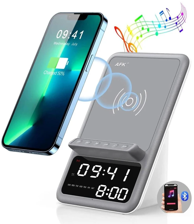 Main image of Wireless Charging Station with Bluetooth Speaker and Alarm Clock,Wireless Charger Compatible with iPhone,Android Phones (Gray-White)