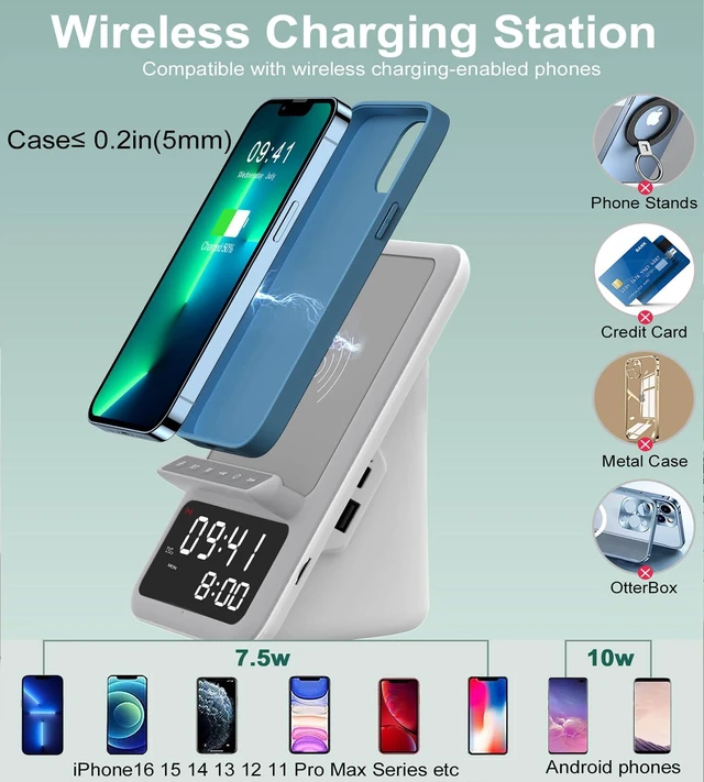 Alt view image 3 of 6 - Wireless Charging Station with Bluetooth Speaker and Alarm Clock,Wireless Charger Compatible with iPhone,Android Phones (Gray-White)
