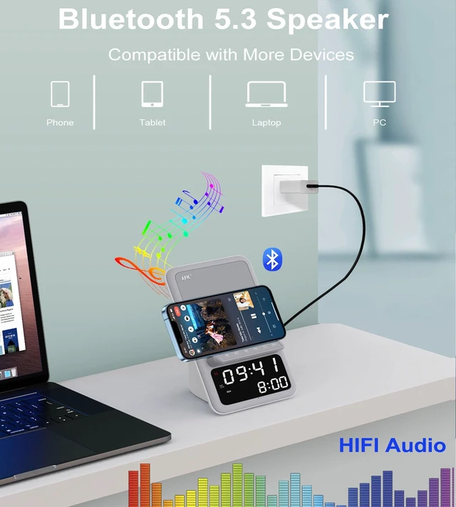 Alt view image 4 of 6 - Wireless Charging Station with Bluetooth Speaker and Alarm Clock,Wireless Charger Compatible with iPhone,Android Phones (Gray-White)