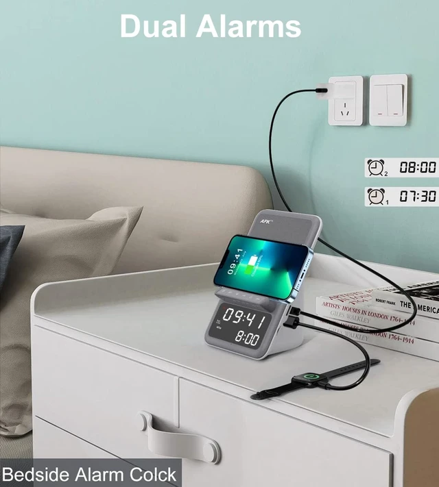 Alt view image 5 of 6 - Wireless Charging Station with Bluetooth Speaker and Alarm Clock,Wireless Charger Compatible with iPhone,Android Phones (Gray-White)