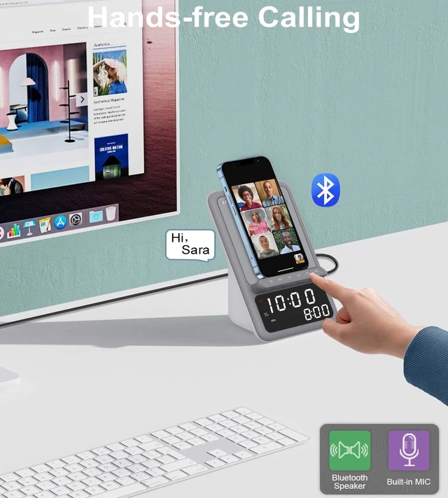Alt view image 6 of 6 - Wireless Charging Station with Bluetooth Speaker and Alarm Clock,Wireless Charger Compatible with iPhone,Android Phones (Gray-White)