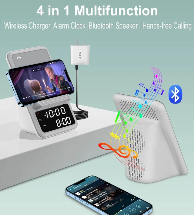 Alt view image 2 of 6 - Wireless Charging Station with Bluetooth Speaker and Alarm Clock,Wireless Charger Compatible with iPhone,Android Phones (Gray-White)