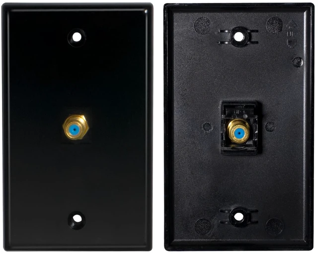 Main image of HXH 1-Port Coax Wall Plate, 3GHz F-Type Connector, Black, 2-Pack For TV and antenna cabling, coaxial cable outlet cover, routes cable through a finished wall opening, gold-plated jack