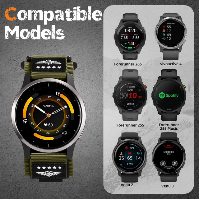 Alt view image 6 of 7 - 22mm Nylon Quick Release Band for Garmin Venu 3/2 Vivoactive 4 Forerunner Hook loop nylon soft strap,Breathable comfortable for Forerunner 265/255/255 Music, Vivoactive 4/ Venu 3/ Venu 2/ Venu 4 45mm