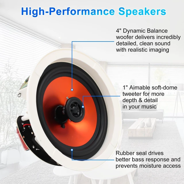 Alt view image 2 of 6 - 4 Inch Ceiling Speakers Max Power 240 Watts 2 Way Flush Mount in Wall Passive Speaker Great for Bathroom, Kitchen,Living Room,Office(1 Pair)