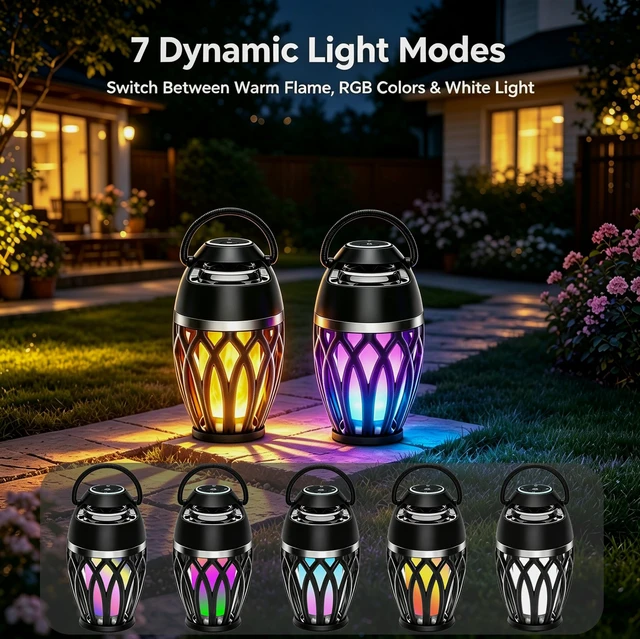 Alt view image 3 of 7 - Outdoor Bluetooth Speaker LED Flame Lantern Portable Wireless Audio Speaker Dual Light Modes: Flame & RGB Lights, Rechargeable, HD Stereo Sound Speaker Wireless for Patio Camping Backyard (2 Pack)