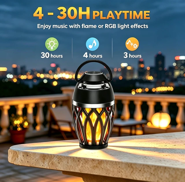 Alt view image 7 of 7 - Outdoor Bluetooth Speaker LED Flame Lantern Portable Wireless Audio Speaker Dual Light Modes: Flame & RGB Lights, Rechargeable, HD Stereo Sound Speaker Wireless for Patio Camping Backyard (2 Pack)
