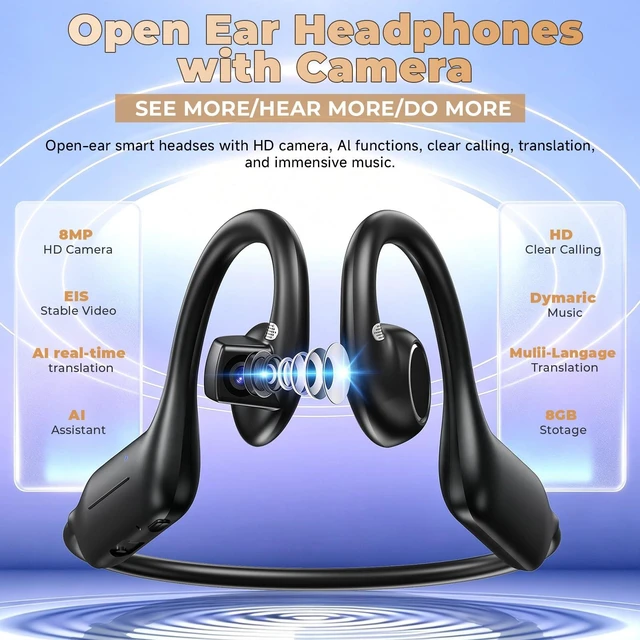Alt view image 2 of 7 - Open Ear Headphones with 8MP Camera, 1080P HD Video & Photo Support 3200 Pixels Hi-Fi Bluetooth Sports Earphones, AI Real-Time Translator & Voice Assistant with App for Running & Travel