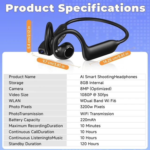 Alt view image 7 of 7 - Open Ear Headphones with 8MP Camera, 1080P HD Video & Photo Support 3200 Pixels Hi-Fi Bluetooth Sports Earphones, AI Real-Time Translator & Voice Assistant with App for Running & Travel