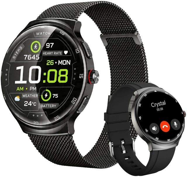 Main image of Smart Watches for Men Women, Waterproof Fitness Tracker, 1.43'' AMOLED Touchscreen Smartwatch for Android & iPhone, 150+ Sports Modes, Heart Rate/SpO2/Stress/Sleep Monitor, 2 Bands, Black
