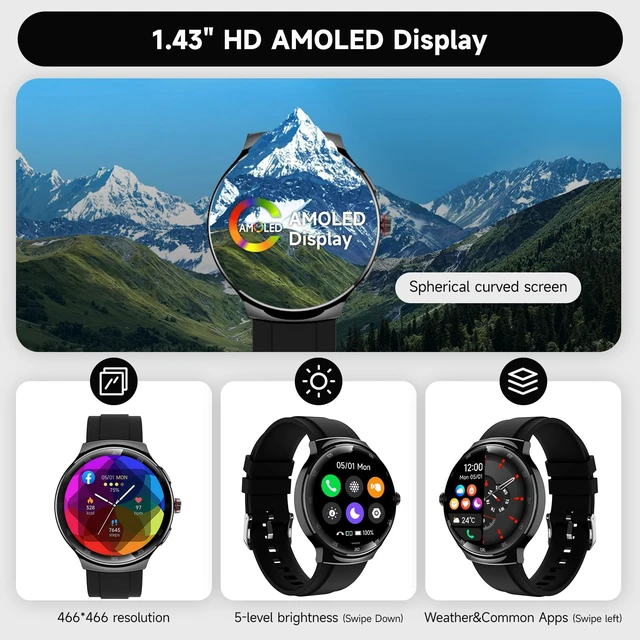Alt view image 3 of 7 - Smart Watches for Men Women, Waterproof Fitness Tracker, 1.43'' AMOLED Touchscreen Smartwatch for Android & iPhone, 150+ Sports Modes, Heart Rate/SpO2/Stress/Sleep Monitor, 2 Bands, Black