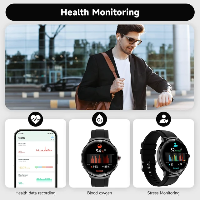 Alt view image 4 of 7 - Smart Watches for Men Women, Waterproof Fitness Tracker, 1.43'' AMOLED Touchscreen Smartwatch for Android & iPhone, 150+ Sports Modes, Heart Rate/SpO2/Stress/Sleep Monitor, 2 Bands, Black