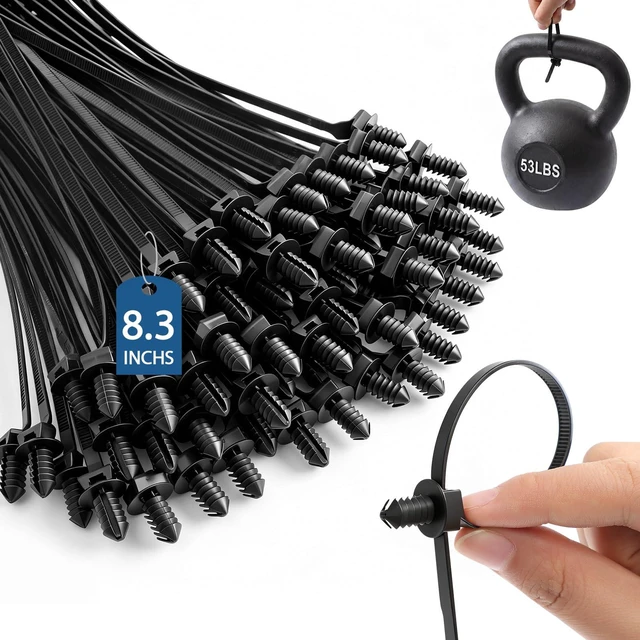 Main image of 200 Pcs Fir Tree Push Mount Cable Zip Ties Clips, 8.3"x0.2" 8 Inch Heavy Duty Wire Tie, 2 in 1 Self Locking, UV Resistant, Assortment Nylon, Black Cable Tie, for Indoor Outdoor