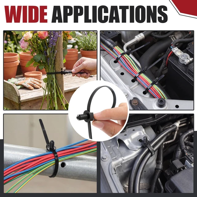 Alt view image 6 of 6 - 200 Pcs Fir Tree Push Mount Cable Zip Ties Clips, 8.3"x0.2" 8 Inch Heavy Duty Wire Tie, 2 in 1 Self Locking, UV Resistant, Assortment Nylon, Black Cable Tie, for Indoor Outdoor