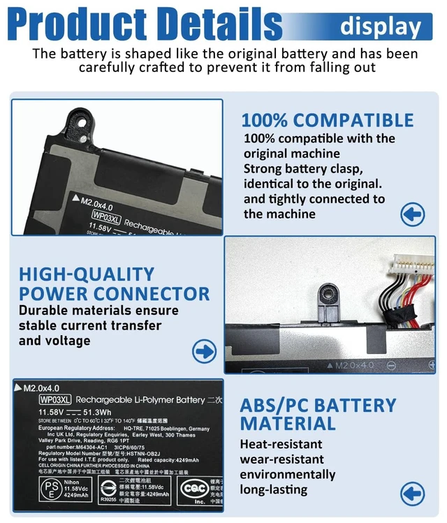 Alt view image 5 of 7 - 51.3Wh WP03XL M73466-005 Battery for HP EliteBook 830 835 840 845 860 865/ G9 835 840 845 860 865 G10 / EliteBook x360 1040 G9 G10 Series M73466-005 M64305-421 L78555-005 - 11.58V 4249mAh