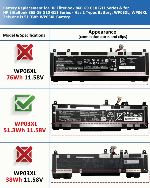 Alt view image 6 of 7 - 51.3Wh WP03XL M73466-005 Battery for HP EliteBook 830 835 840 845 860 865/ G9 835 840 845 860 865 G10 / EliteBook x360 1040 G9 G10 Series M73466-005 M64305-421 L78555-005 - 11.58V 4249mAh