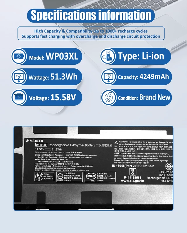 Alt view image 4 of 7 - 51.3Wh WP03XL M73466-005 Battery for HP EliteBook 830 835 840 845 860 865/ G9 835 840 845 860 865 G10 / EliteBook x360 1040 G9 G10 Series M73466-005 M64305-421 L78555-005 - 11.58V 4249mAh