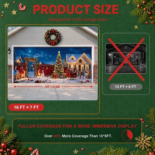 Alt view image 2 of 7 - Christmas Garage Door Cover, 7' x 16' Snowy Christmas Night Design Dual-Fastening, HD Printing, Cinematic Visuals, Easy Setup & Removal, Premium Fabric, Wall Banner, Party Backdrop