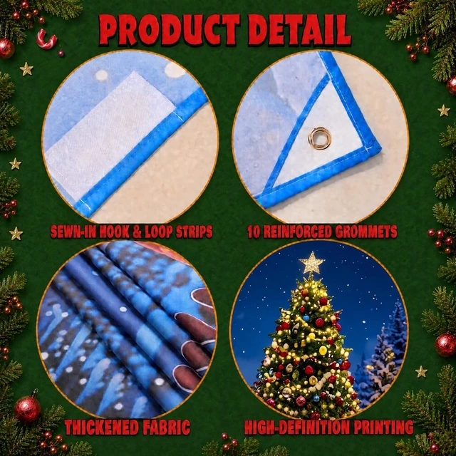 Alt view image 3 of 7 - Christmas Garage Door Cover, 7' x 16' Snowy Christmas Night Design Dual-Fastening, HD Printing, Cinematic Visuals, Easy Setup & Removal, Premium Fabric, Wall Banner, Party Backdrop