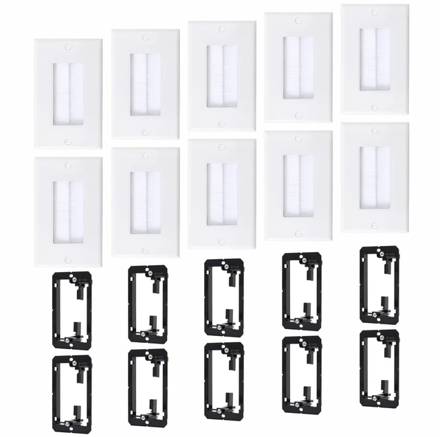Main image of 10-Pack 1-Gang Brush Wall Plate with Low Voltage Mounting Bracket Hide Cable Behind in Wall, Pass Through Low Voltage Wall Plate for TV/HDMI/Coax/Speaker/Ethernet Wire, Standard Size 4.5*2.75