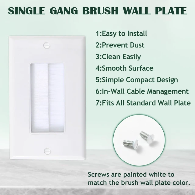 Alt view image 2 of 7 - 10-Pack 1-Gang Brush Wall Plate with Low Voltage Mounting Bracket Hide Cable Behind in Wall, Pass Through Low Voltage Wall Plate for TV/HDMI/Coax/Speaker/Ethernet Wire, Standard Size 4.5*2.75