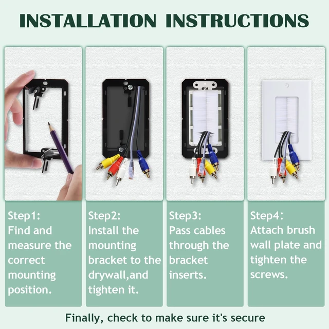 Alt view image 3 of 7 - 10-Pack 1-Gang Brush Wall Plate with Low Voltage Mounting Bracket Hide Cable Behind in Wall, Pass Through Low Voltage Wall Plate for TV/HDMI/Coax/Speaker/Ethernet Wire, Standard Size 4.5*2.75