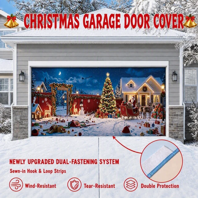 Alt view image 4 of 7 - Christmas Garage Door Cover, 7' x 16' Snowy Christmas Night Design Dual-Fastening, HD Printing, Cinematic Visuals, Easy Setup & Removal, Premium Fabric, Wall Banner, Party Backdrop