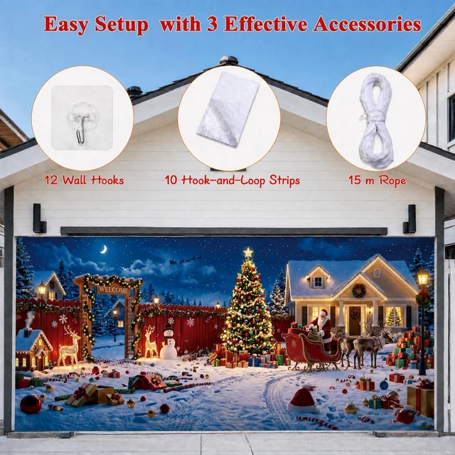 Alt view image 5 of 7 - Christmas Garage Door Cover, 7' x 16' Snowy Christmas Night Design Dual-Fastening, HD Printing, Cinematic Visuals, Easy Setup & Removal, Premium Fabric, Wall Banner, Party Backdrop