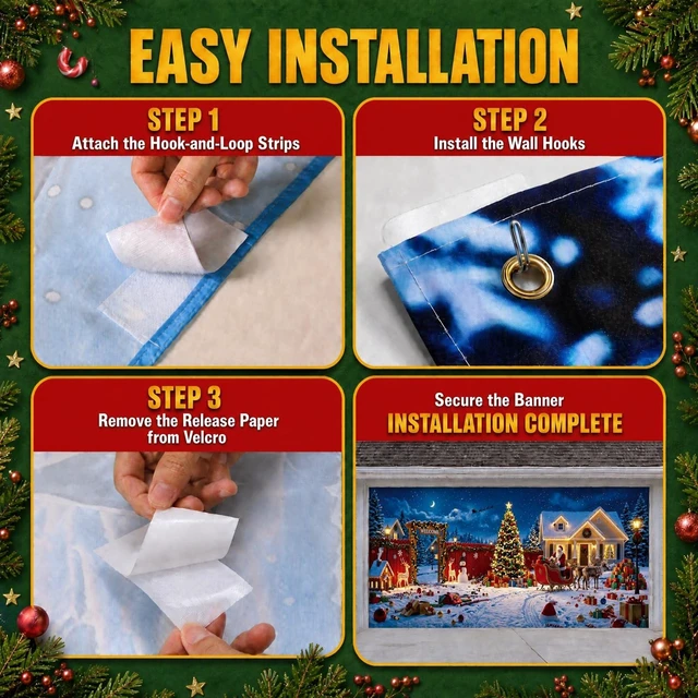Alt view image 6 of 7 - Christmas Garage Door Cover, 7' x 16' Snowy Christmas Night Design Dual-Fastening, HD Printing, Cinematic Visuals, Easy Setup & Removal, Premium Fabric, Wall Banner, Party Backdrop