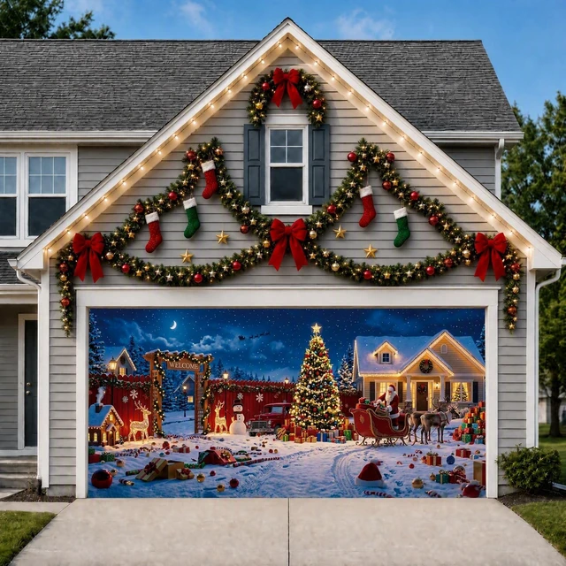 Alt view image 7 of 7 - Christmas Garage Door Cover, 7' x 16' Snowy Christmas Night Design Dual-Fastening, HD Printing, Cinematic Visuals, Easy Setup & Removal, Premium Fabric, Wall Banner, Party Backdrop
