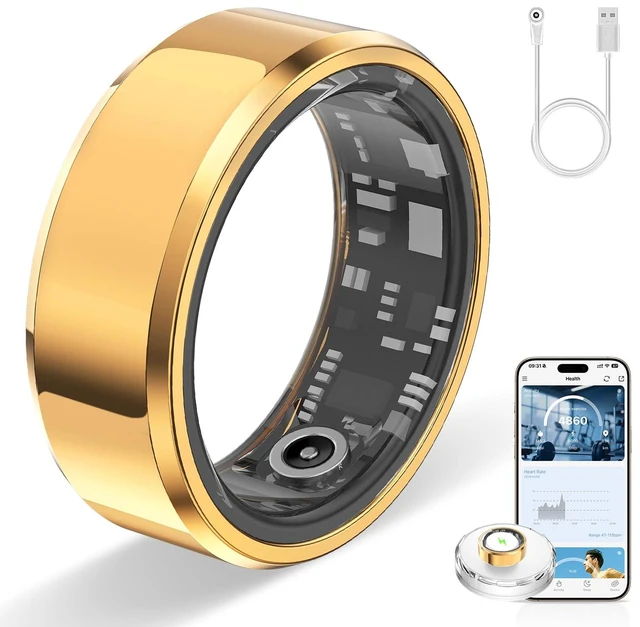 Main image of Smart Ring for Women & Men, Smart Rings Health Tracker(Gold, #8) Heart Rate, Sleep Monitoring, Long Lasting Battery, IP68 Waterproof Fitness Ring for iOS & Android, No Subscription Fee