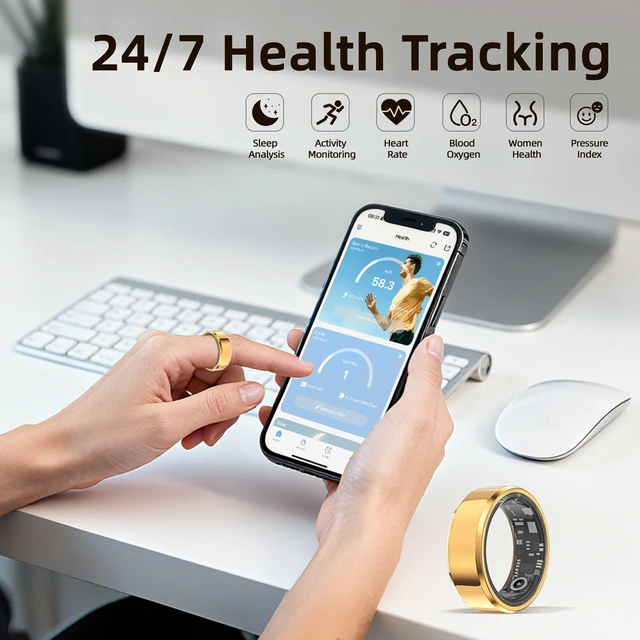 Alt view image 3 of 7 - Smart Ring for Women & Men, Smart Rings Health Tracker(Gold, #8) Heart Rate, Sleep Monitoring, Long Lasting Battery, IP68 Waterproof Fitness Ring for iOS & Android, No Subscription Fee