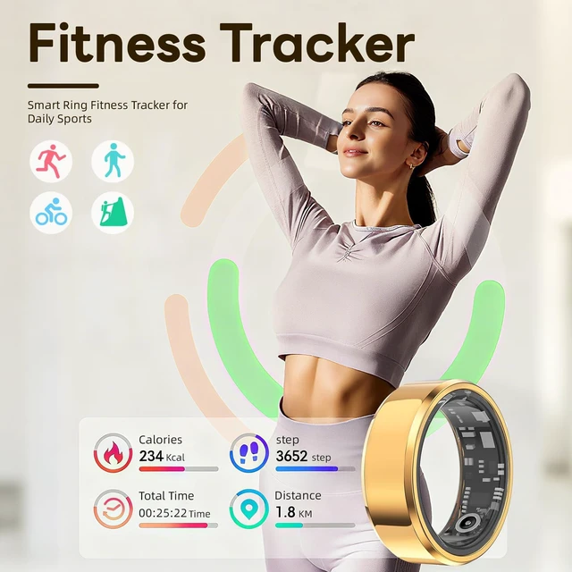 Alt view image 4 of 7 - Smart Ring for Women & Men, Smart Rings Health Tracker(Gold, #8) Heart Rate, Sleep Monitoring, Long Lasting Battery, IP68 Waterproof Fitness Ring for iOS & Android, No Subscription Fee