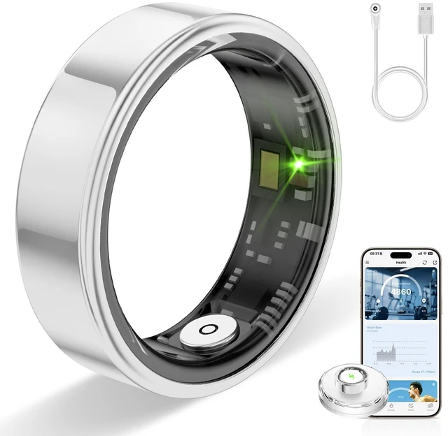 Main image of Smart Ring for Women & Men, Smart Rings Health Tracker(Silver, #8) Heart Rate, Sleep Monitoring, Long Lasting Battery, IP68 Waterproof Fitness Ring for iOS & Android, No Subscription Fee