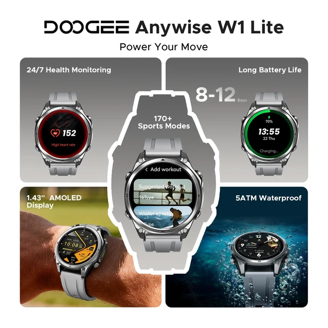 Alt view image 2 of 7 - ANYWISE W1 LITE Smart Watches for Men, 1.43''AMOLED Mens Smart Watch for Android/iOS, 5ATM Waterproof Fitness, 170+ Sports Modes, Answer/Make Calls/12 Days Battery/Heart Rate/Sleep Monitor