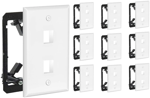 Main image of 2 Port Keystone Wall Plate, 10 Pack with Mounting Brackets - White 2 Port RJ45 Keystone Wall Plate for Ethernet, Cat6 & Other Keystone Jacks; Includes Low Voltage Mounting Brackets, 10 Pack