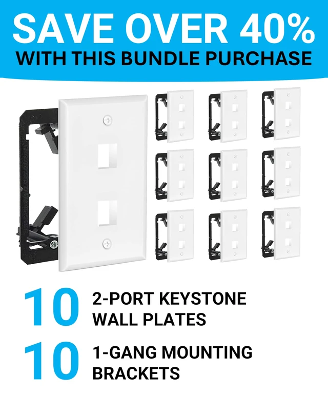 Alt view image 2 of 7 - 2 Port Keystone Wall Plate, 10 Pack with Mounting Brackets - White 2 Port RJ45 Keystone Wall Plate for Ethernet, Cat6 & Other Keystone Jacks; Includes Low Voltage Mounting Brackets, 10 Pack