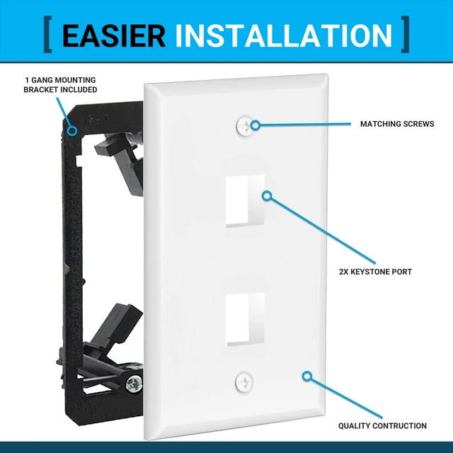 Alt view image 5 of 7 - 2 Port Keystone Wall Plate, 10 Pack with Mounting Brackets - White 2 Port RJ45 Keystone Wall Plate for Ethernet, Cat6 & Other Keystone Jacks; Includes Low Voltage Mounting Brackets, 10 Pack