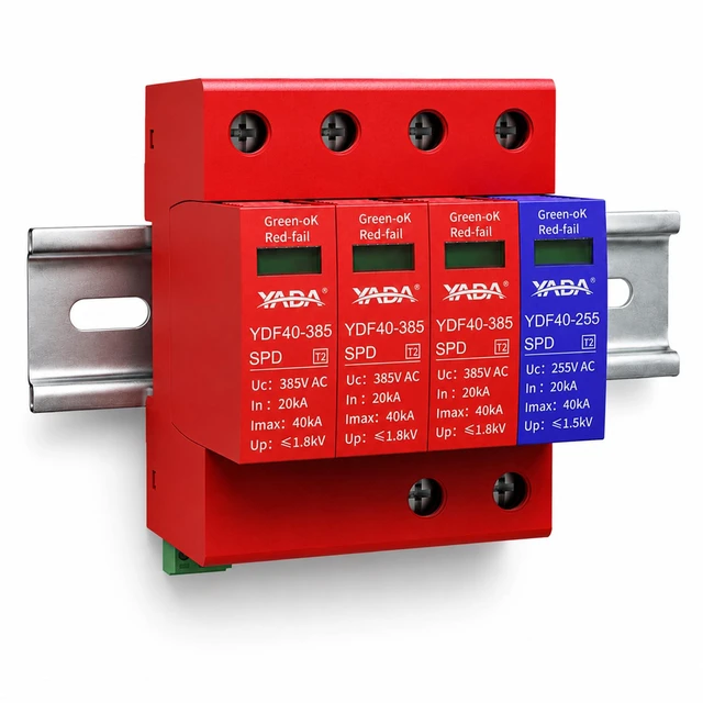 Main image of 480Y/277V 3-Phase AC Surge Protector, 3P+N Type 2 SPD, DIN Rail For TN/TT systems; 20kA In/40kA Imax, L-N/N-PE protection, pluggable modules, remote signaling, red/green indicator