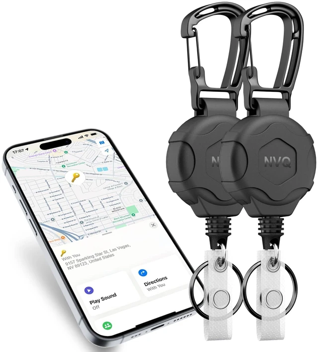 Main image of Retractable Key Finder, Works with Apple Find My Tracker, Black 2Packs Works with Apple Find My iOS tracker with 80dB alert,heavy-duty 32" stainless steel cord supporting 20 keys,secure carabiner