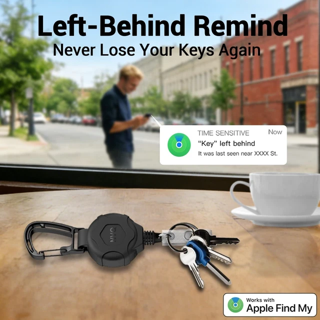 Alt view image 3 of 7 - Retractable Key Finder, Works with Apple Find My Tracker, Black 2Packs Works with Apple Find My iOS tracker with 80dB alert,heavy-duty 32" stainless steel cord supporting 20 keys,secure carabiner