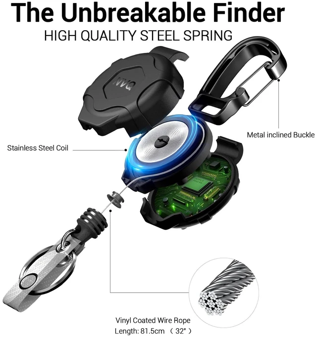 Alt view image 5 of 7 - Retractable Key Finder, Works with Apple Find My Tracker, Black 2Packs Works with Apple Find My iOS tracker with 80dB alert,heavy-duty 32" stainless steel cord supporting 20 keys,secure carabiner
