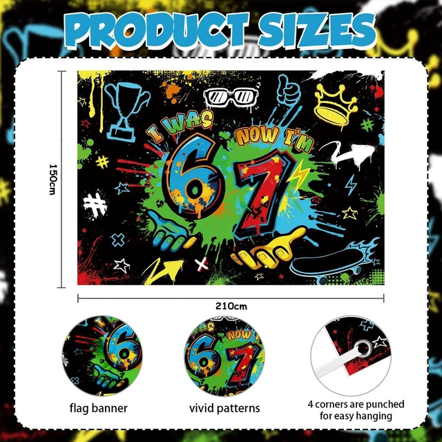 Alt view image 2 of 7 - 7x5ft 6 7 Birthday Decorations Graffiti 7th Birthday Backdrop Boys I was 6 Now I'm 7 Hip-Hop Urban Style Banner Neon Spray Colorful Paint Six Seven Party Decoration