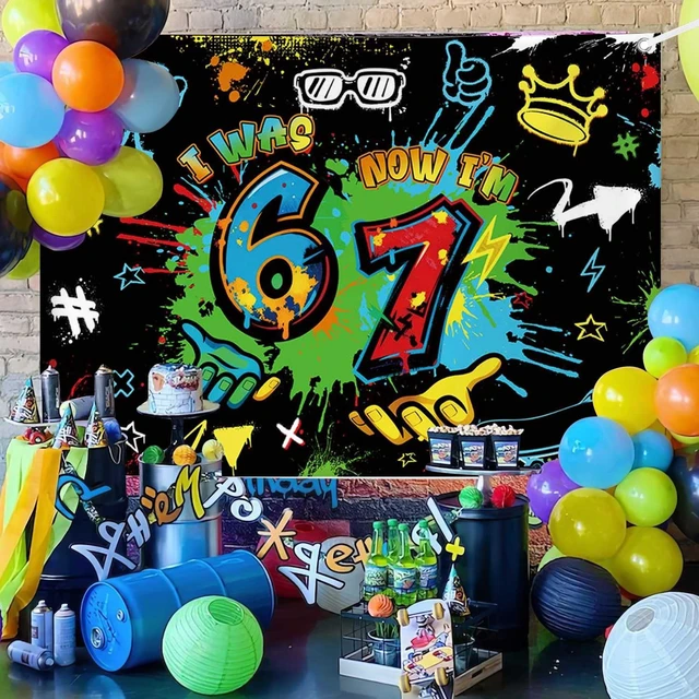 Alt view image 3 of 7 - 7x5ft 6 7 Birthday Decorations Graffiti 7th Birthday Backdrop Boys I was 6 Now I'm 7 Hip-Hop Urban Style Banner Neon Spray Colorful Paint Six Seven Party Decoration