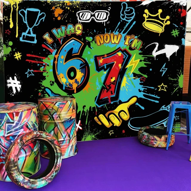 Alt view image 4 of 7 - 7x5ft 6 7 Birthday Decorations Graffiti 7th Birthday Backdrop Boys I was 6 Now I'm 7 Hip-Hop Urban Style Banner Neon Spray Colorful Paint Six Seven Party Decoration