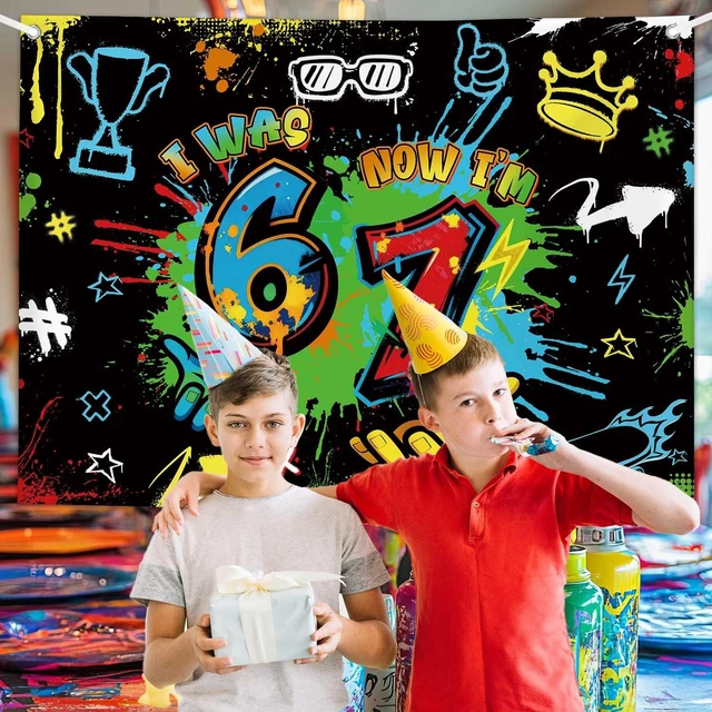 Alt view image 6 of 7 - 7x5ft 6 7 Birthday Decorations Graffiti 7th Birthday Backdrop Boys I was 6 Now I'm 7 Hip-Hop Urban Style Banner Neon Spray Colorful Paint Six Seven Party Decoration